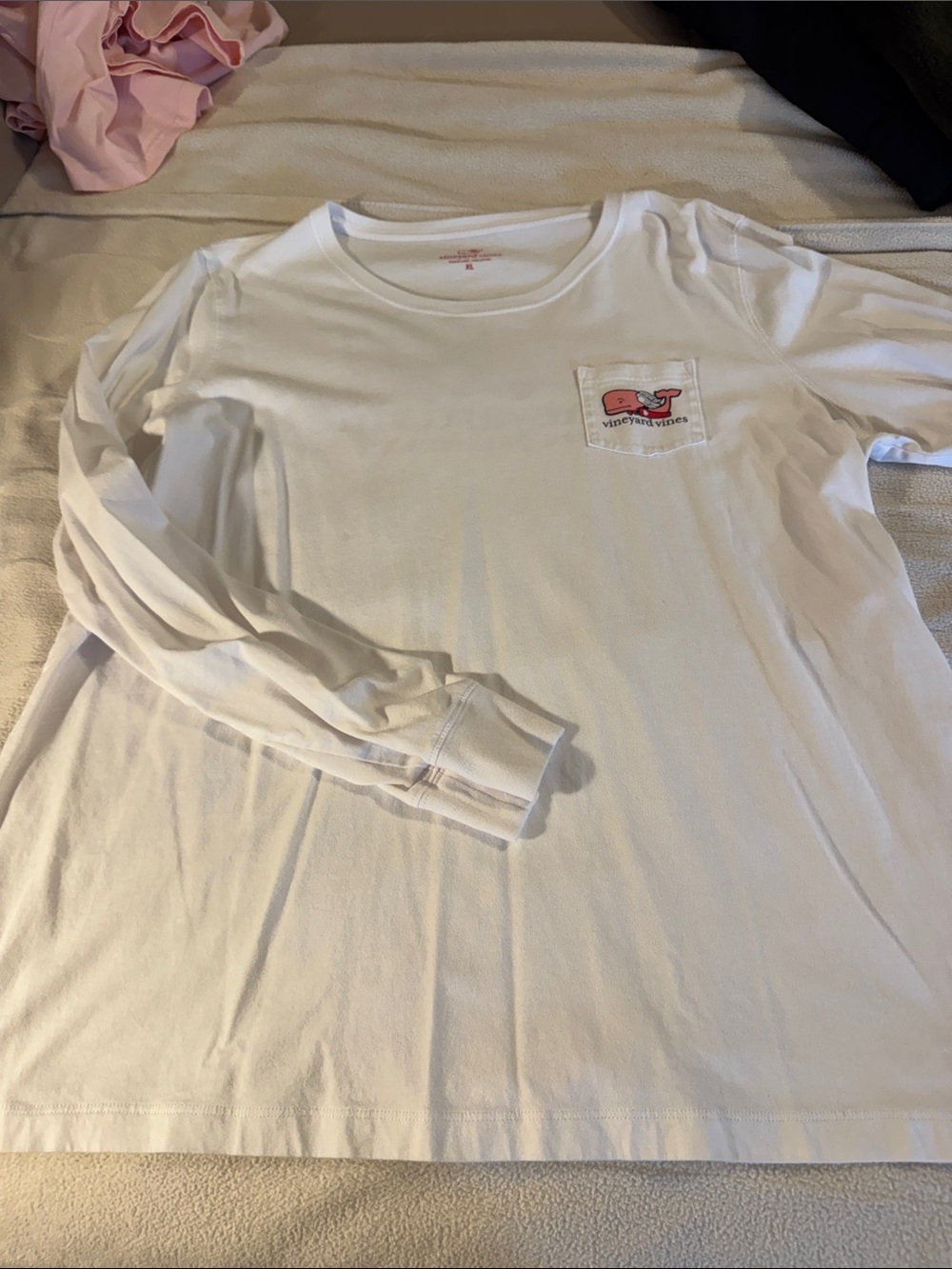 Vineyard Vines White Long Sleeve Pocket Tee with Pink Whale